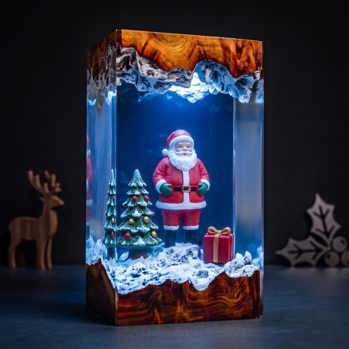 Santa Claus with Snowy Christmas Trees and Gift Box Wood Resin Lamp