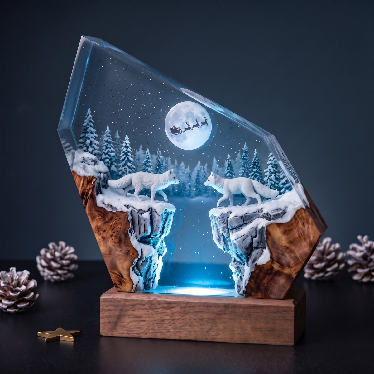 Arctic Foxes & Santa Sleigh Christmas Wood Resin Lamp