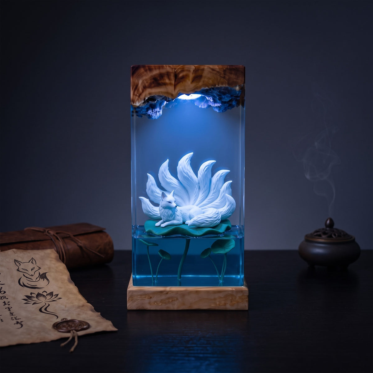 White Nine-Tailed Fox on Lotus Leaf Wood Resin Lamp