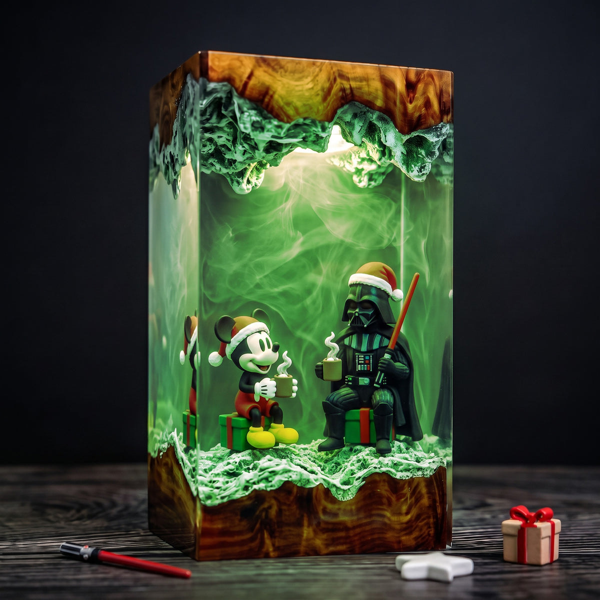 Christmas Dark Lord & Classic Mouse Resin Lamp – Holiday Cocoa Scene, Festive Movie Inspired Epoxy Diorama Night Light