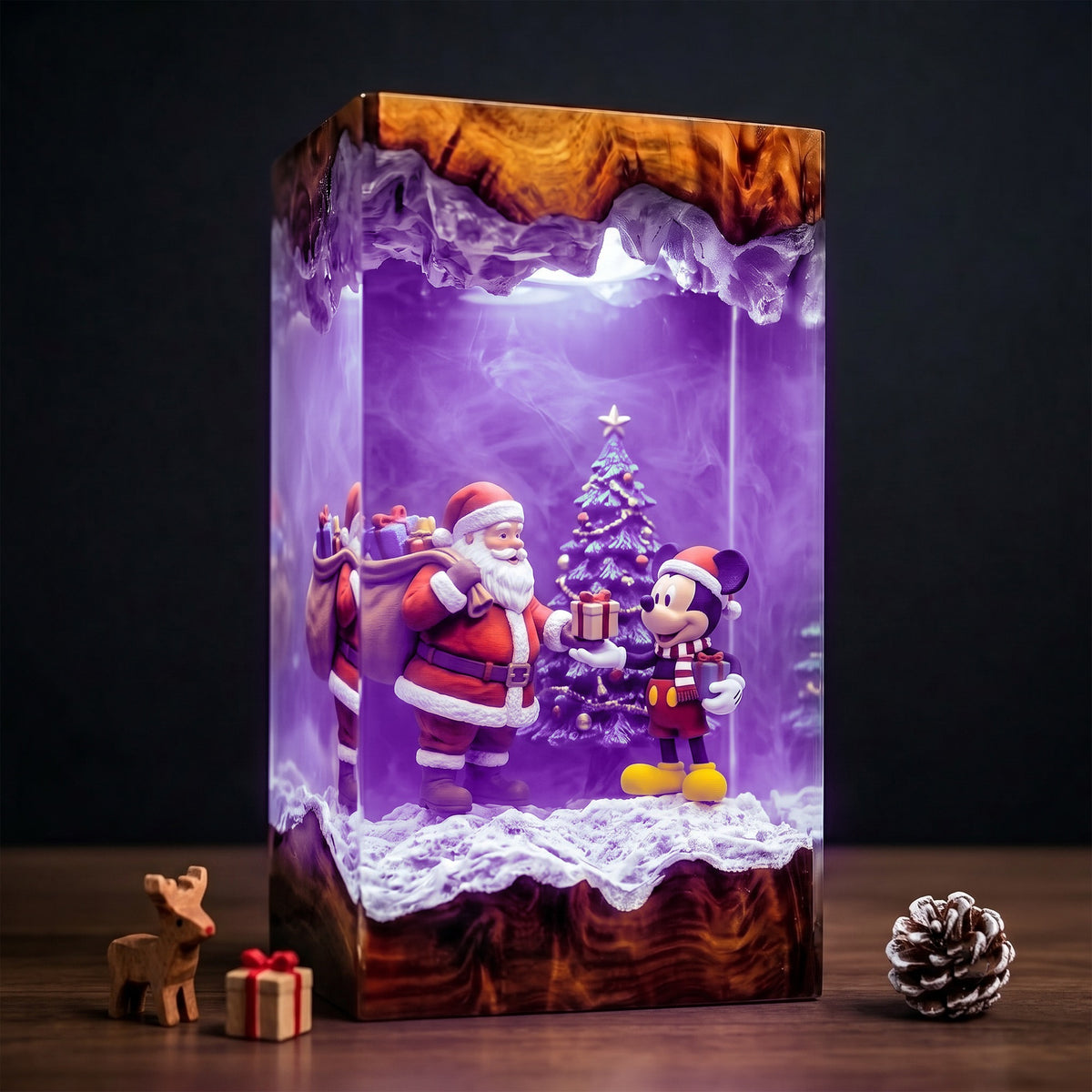 Santa Claus Giving Mickey Mouse a Present beside a Christmas Tree Wood Resin Lamp