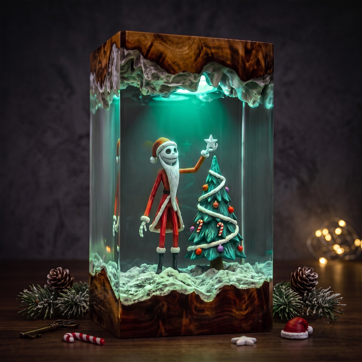 Christmas Skeleton Resin Lamp – Skeleton Santa Decorating Christmas Tree, Festive Epoxy Diorama Night Light, Holiday Decor