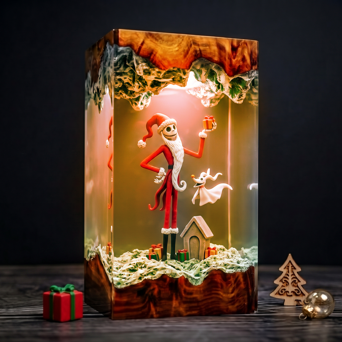 Jack Skellington in Santa Outfit with Zero Ghost Dog and Christmas Gifts Wood Resin Lamp
