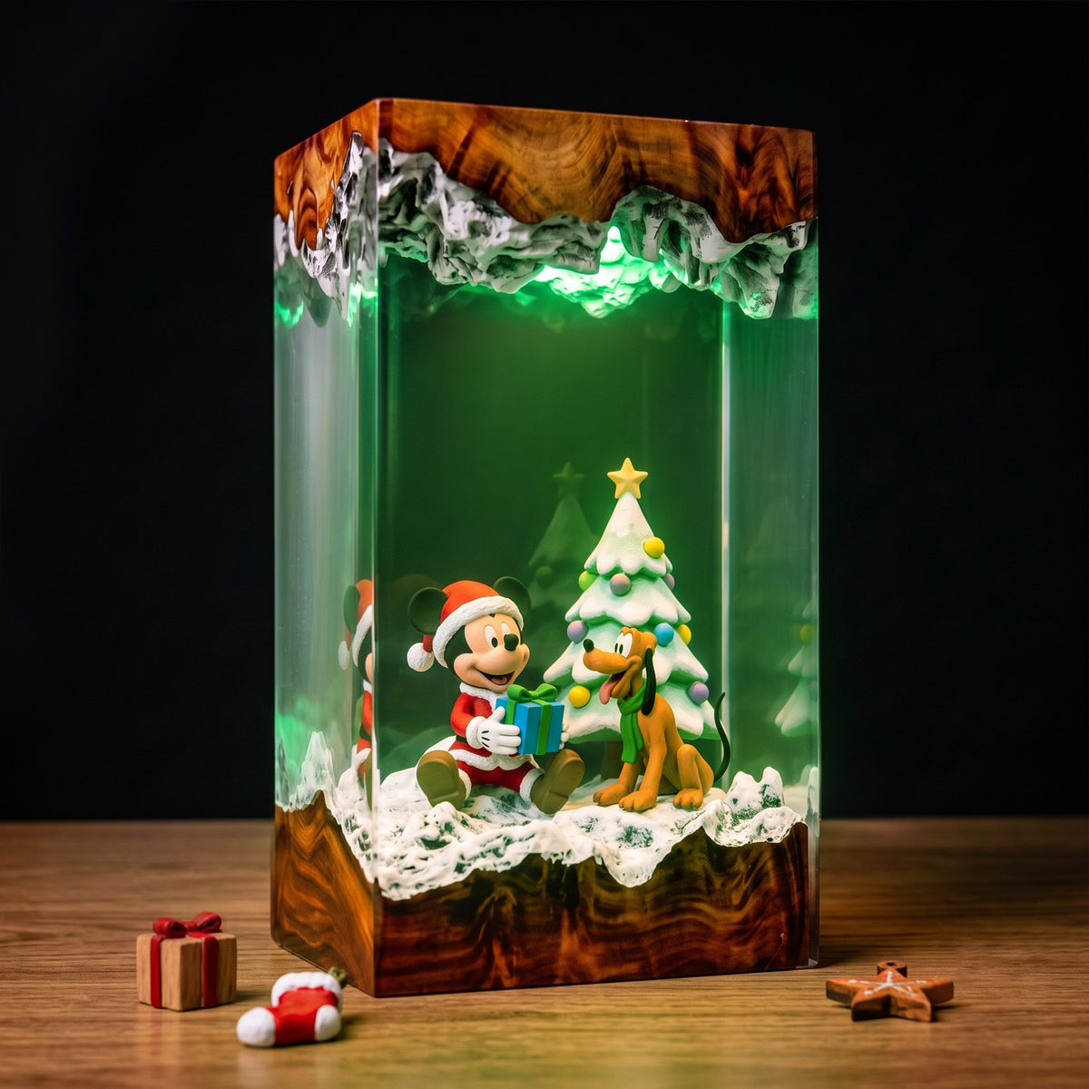 Mickey Mouse in Santa Outfit & Pluto with Gift Box and Snowy Christmas Tree Wood Resin Lamp