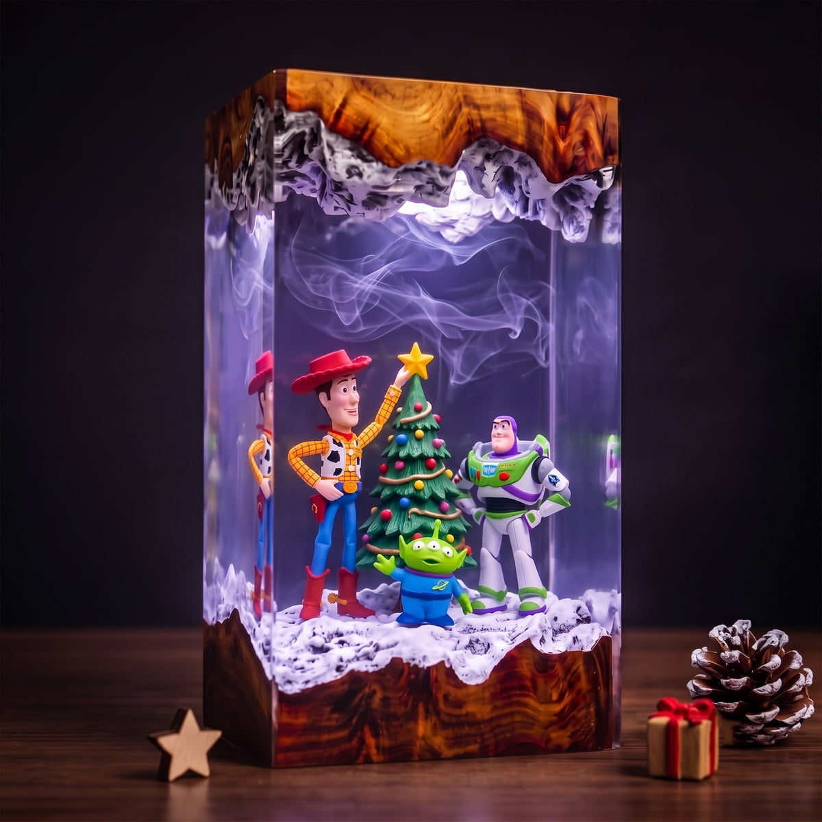 Woody, Buzz Lightyear & Little Green Alien with Decorated Christmas Tree Wood Resin Lamp
