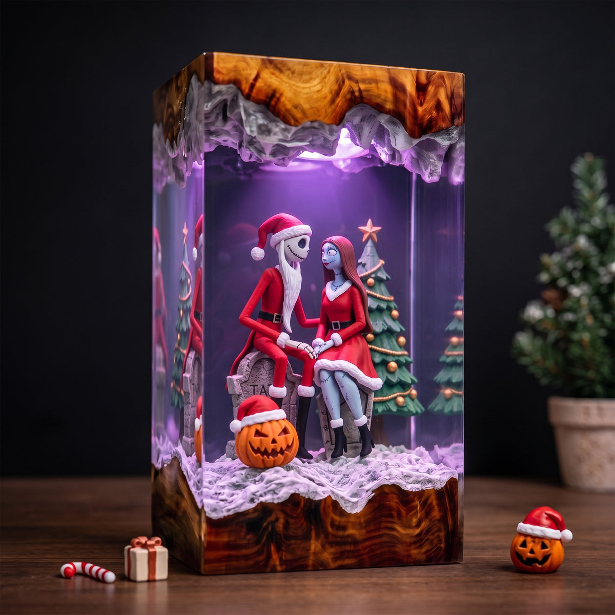 Jack Skellington & Sally in Santa Outfits with Christmas Tree and Pumpkin Wood Resin Lamp