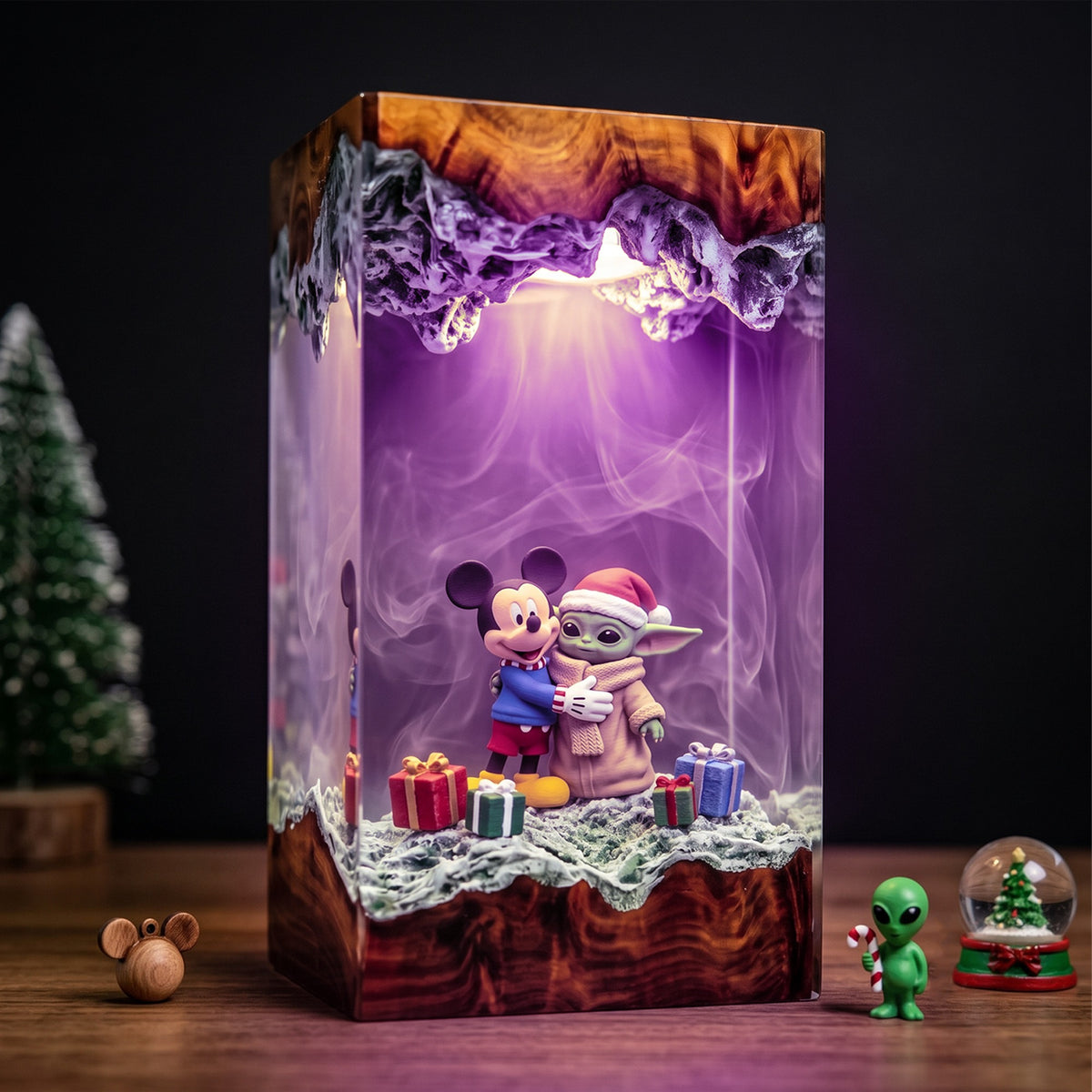 Mickey Mouse Hugging Grogu in a Santa Hat with Christmas Gifts Wood Resin Lamp