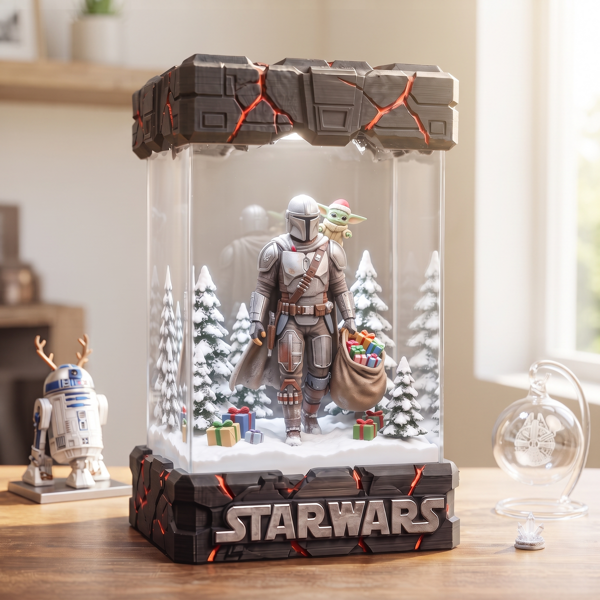 Mandalorian Carrying Christmas Gifts with Santa Hat Grogu in a Snowy Forest Resin Lamp