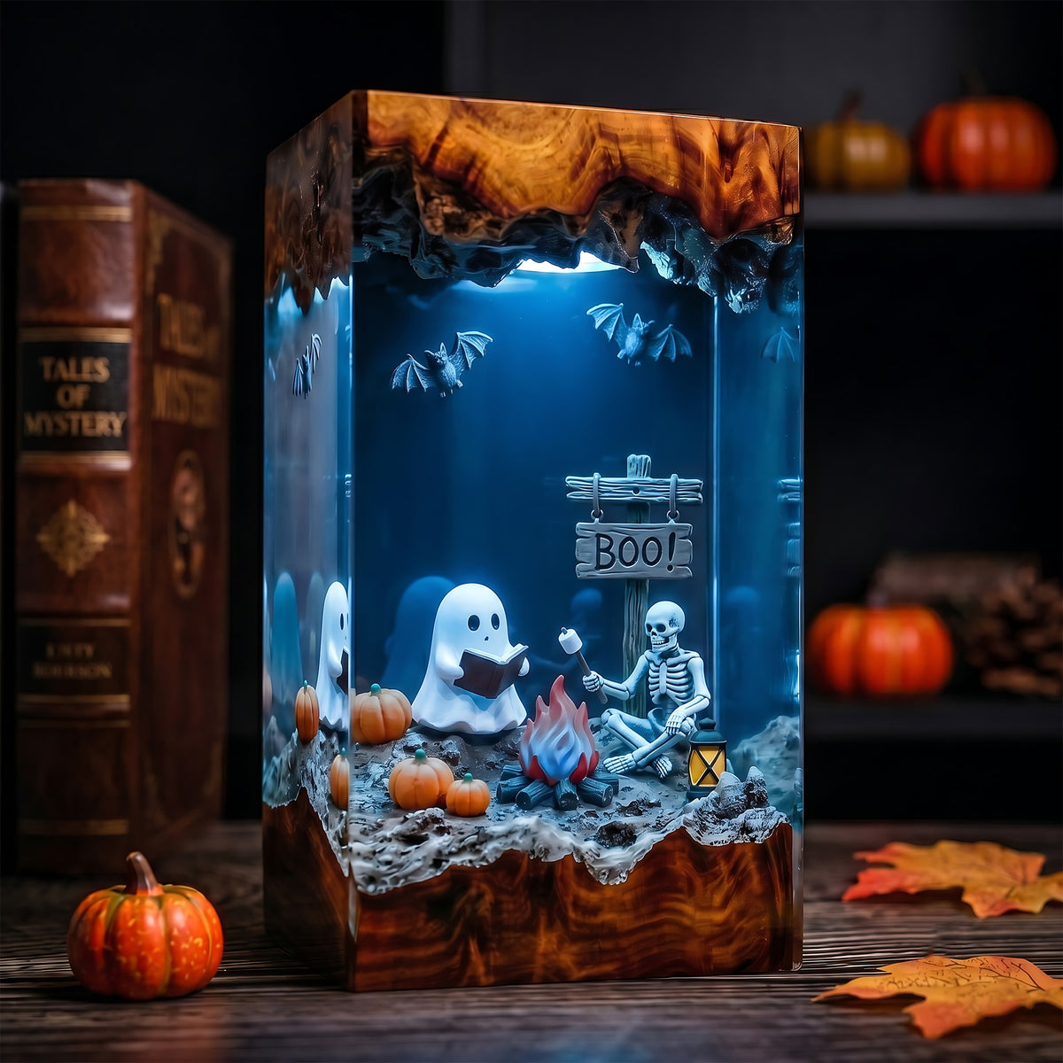 Ghost & Skeleton Campfire Resin Lamp – Reading Ghost Halloween Diorama, Pumpkin & Bat Spooky Night Light