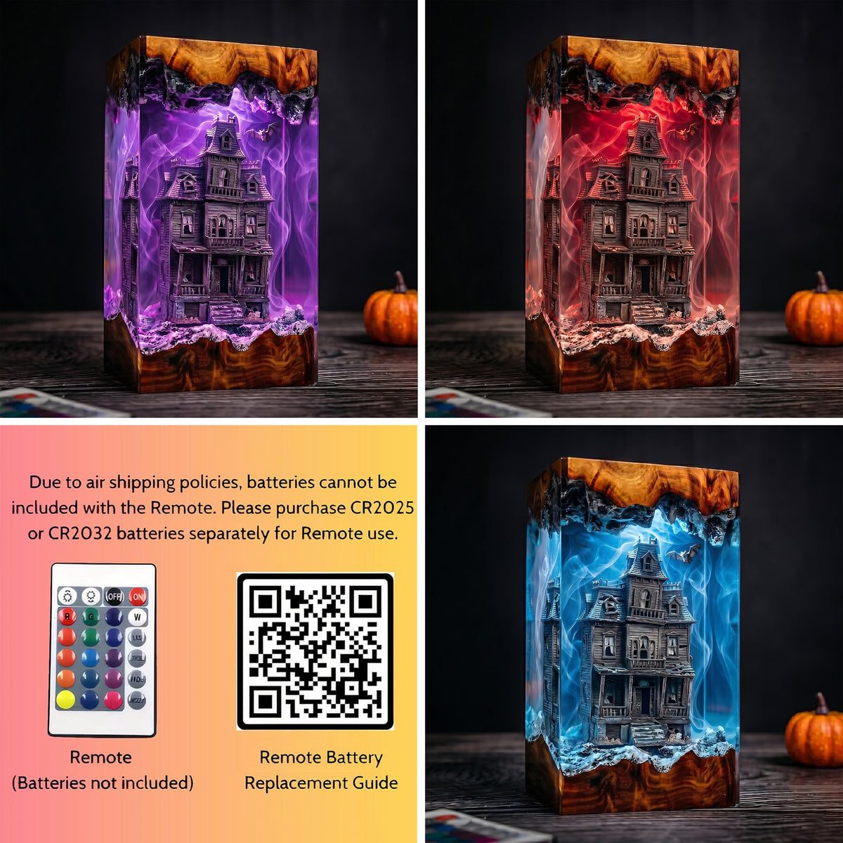 Haunted Victorian House Resin Lamp – Spooky Mansion with Bats & Ghostly Mist, Halloween Epoxy Diorama Night Light