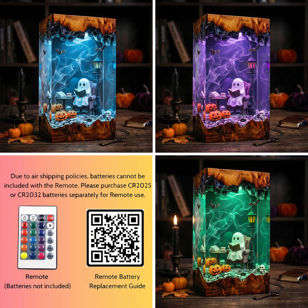 Cozy Reading Ghost Resin Lamp – Halloween Pumpkin & Black Cat Epoxy Diorama Night Light, Cute Spooky Decor