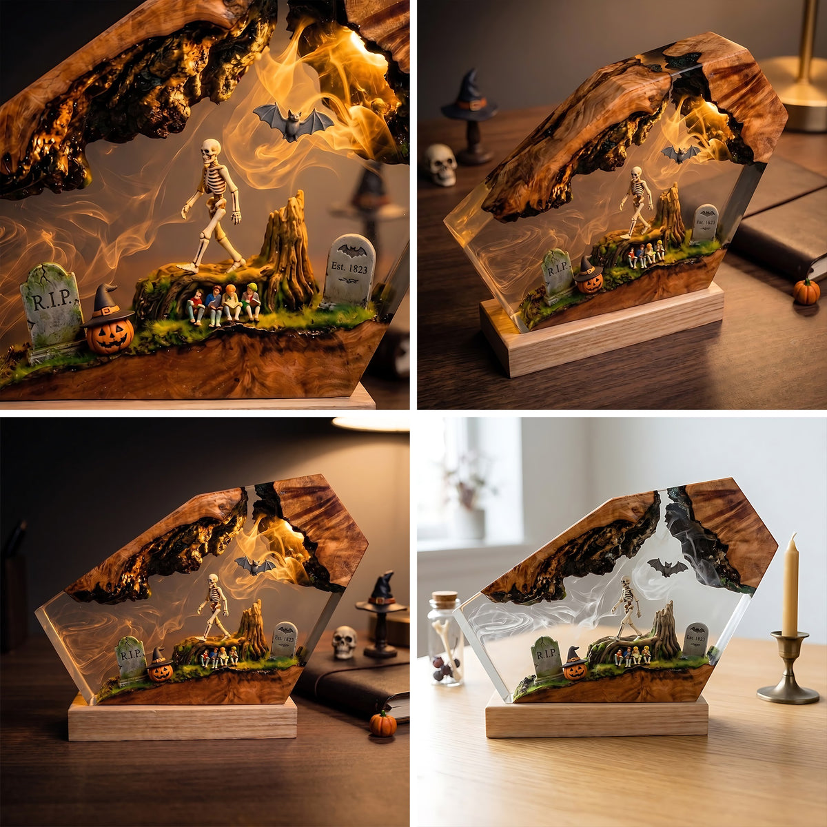 Skeleton Forest Graveyard Resin Lamp – Haunted Woodland with Bats & Witch Pumpkin, Halloween Epoxy Diorama Night Light