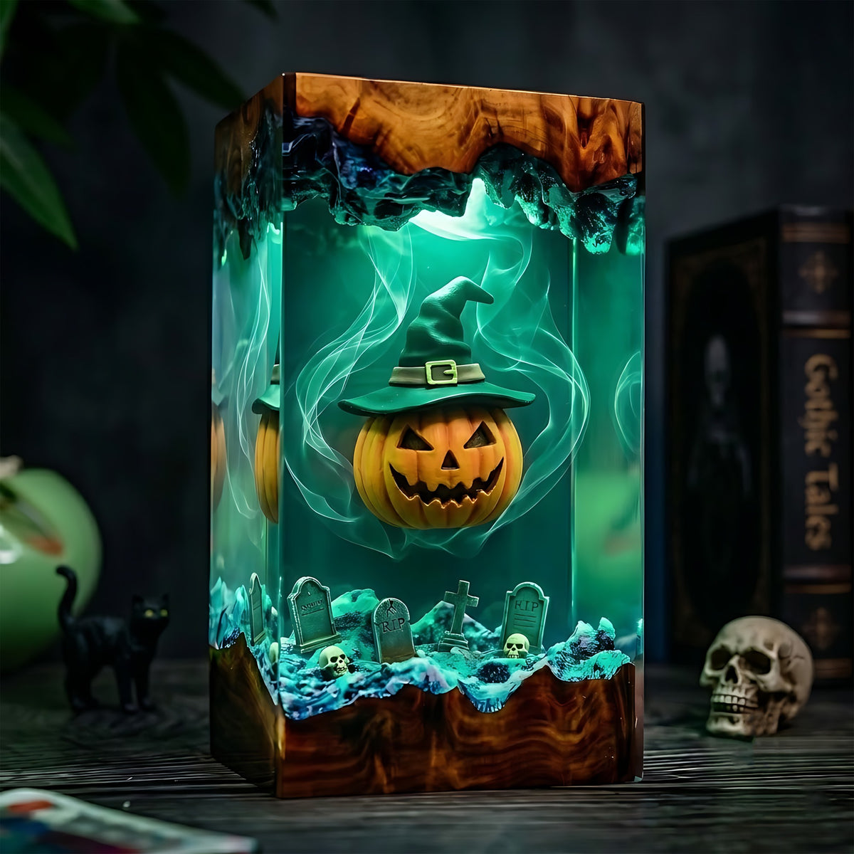 Witch Pumpkin Graveyard Resin Lamp – Jack O’ Lantern with Witch Hat, Spooky Halloween Epoxy Diorama Night Light