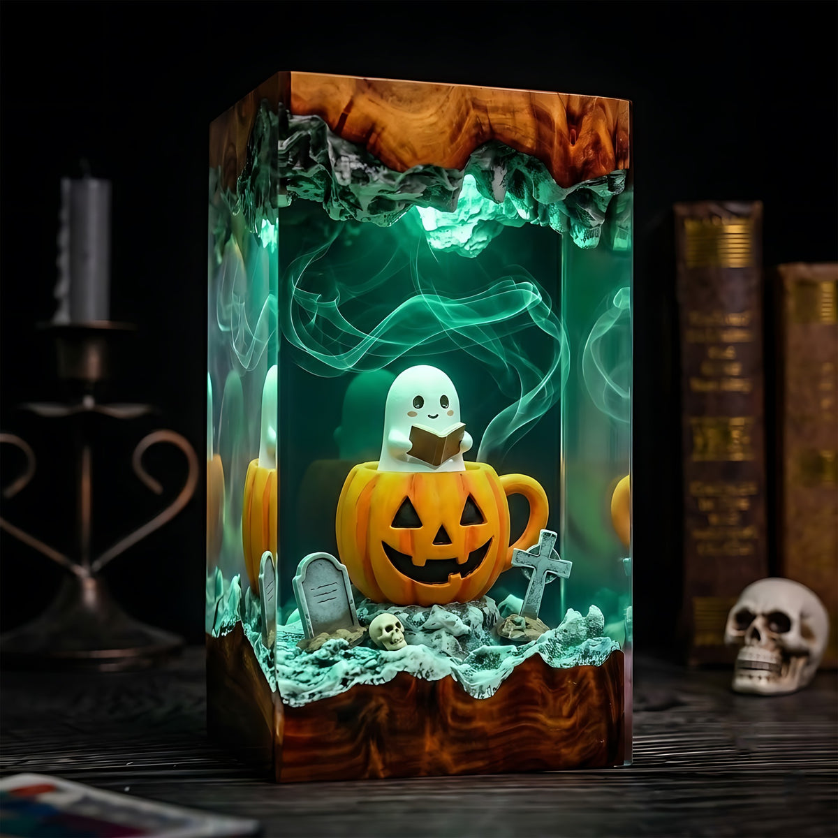 Cute Ghost Pumpkin Resin Lamp – Halloween Graveyard Epoxy Diorama Night Light