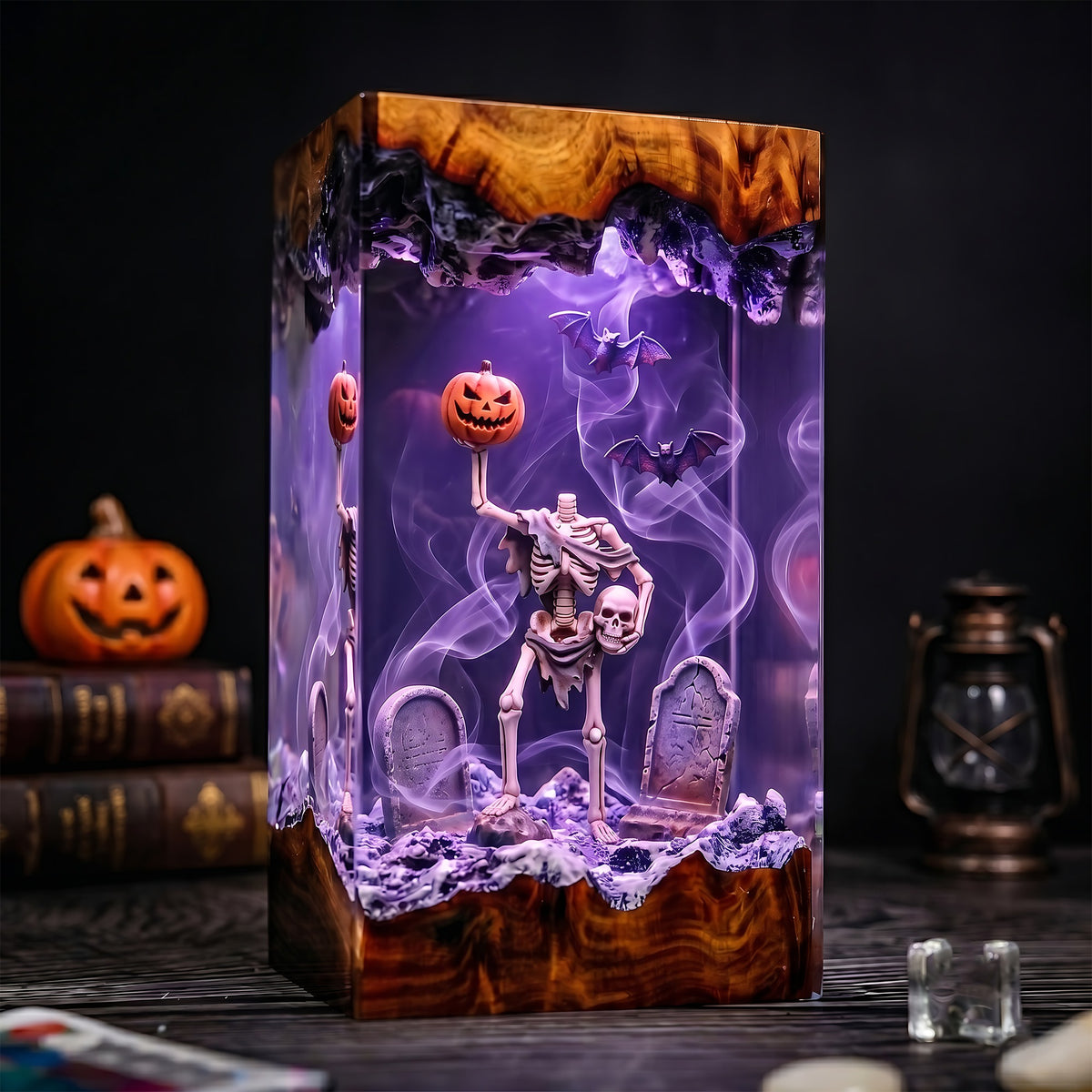Halloween Skeleton Resin Lamp – Pumpkin Graveyard Epoxy Diorama Night Light