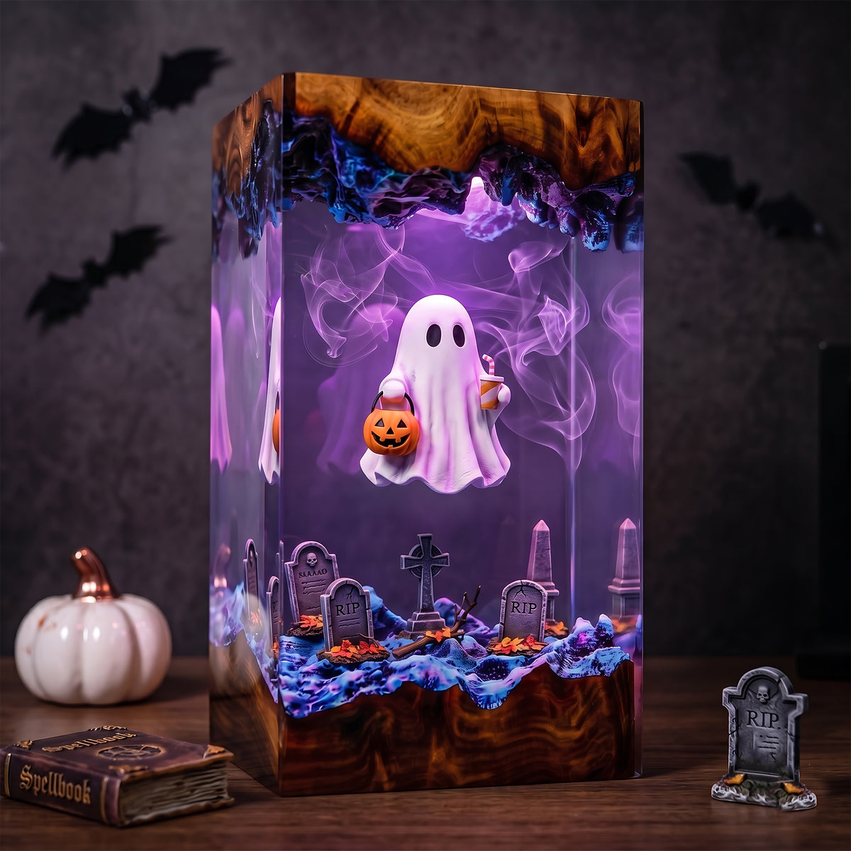 Trick or Treat Ghost Resin Lamp – Floating Ghost with Pumpkin Candy Bucket, Haunted Graveyard Halloween Epoxy Night Light