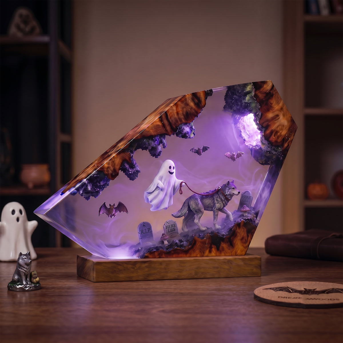 Ghost Walking Wolf Resin Lamp – Haunted Graveyard Halloween Epoxy Diorama Night Light, Spooky Woodland Decor