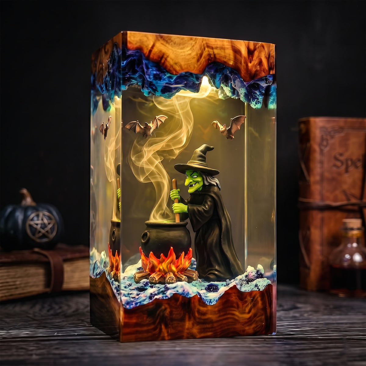 Witch Cauldron Resin Lamp – Brewing Witch with Bats & Glowing Fire, Spooky Halloween Epoxy Diorama Night Light