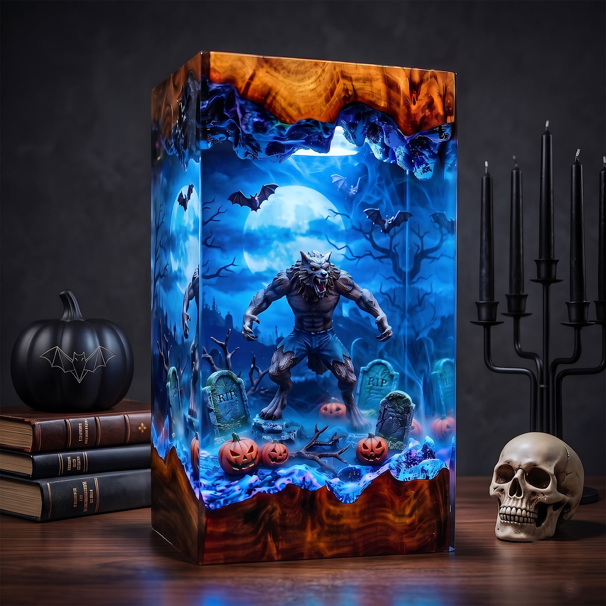 Werewolf Graveyard Resin Lamp – Full Moon Wolf Monster with Pumpkins & Bats, Halloween Epoxy Diorama Night Light