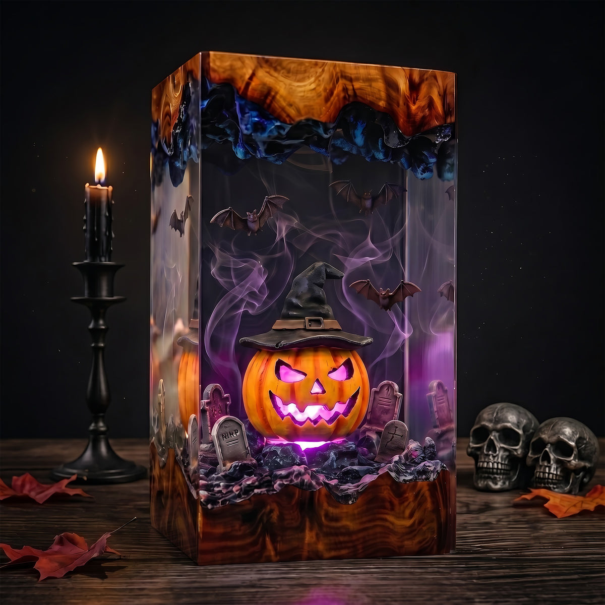 Glowing Witch Pumpkin Resin Lamp – Jack O’ Lantern Graveyard with Bats, Halloween Epoxy Diorama Night Light, Spooky Decor