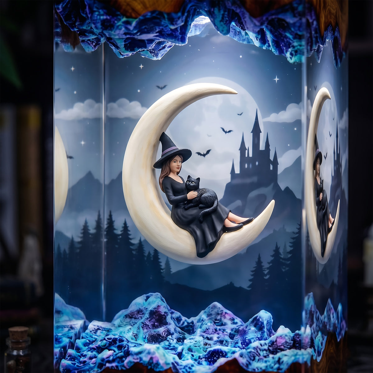 Moonlit Witch & Black Cat Resin Lamp – Crescent Moon Haunted Castle Halloween Epoxy Diorama Night Light, Gothic Witch Decor