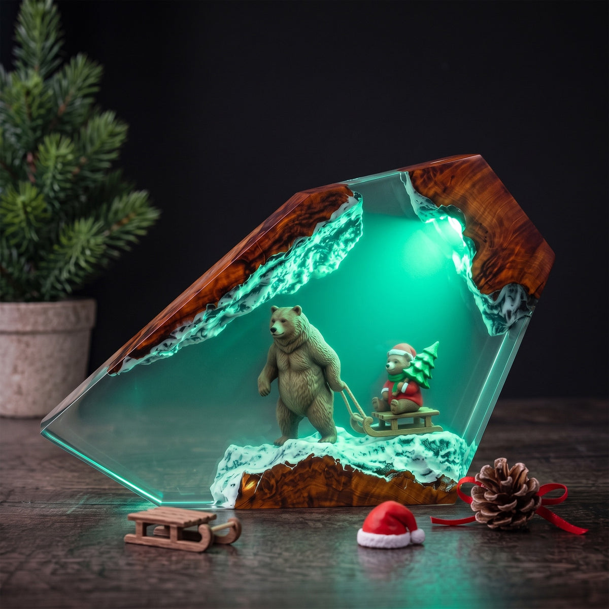 Christmas Bear & Teddy Sled Resin Lamp – Snowy Woodland Holiday Epoxy Diorama Night Light, Cozy Winter Christmas Decor