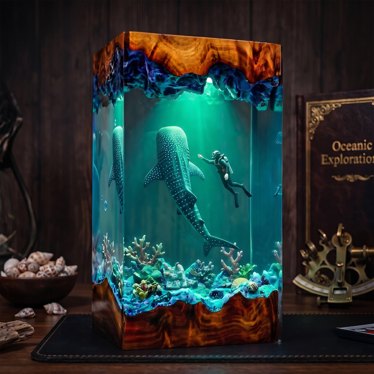 Whale Shark & Scuba Diver Ocean Wood Resin Lamp