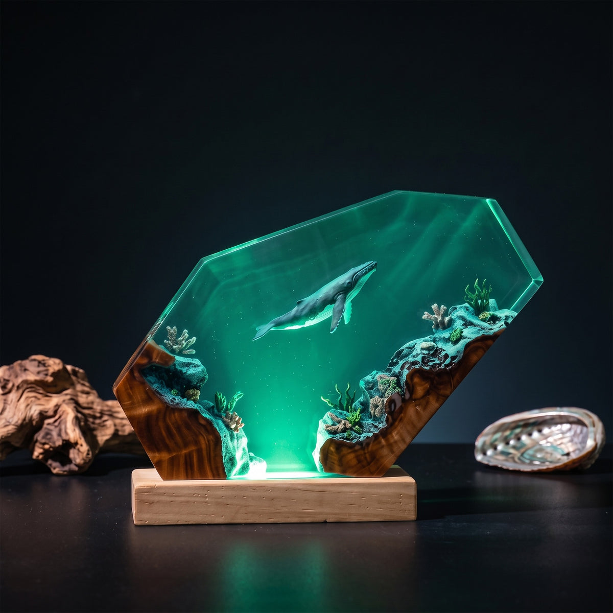 Humpback Whale Coral Reef Ocean Wood Resin Lamp
