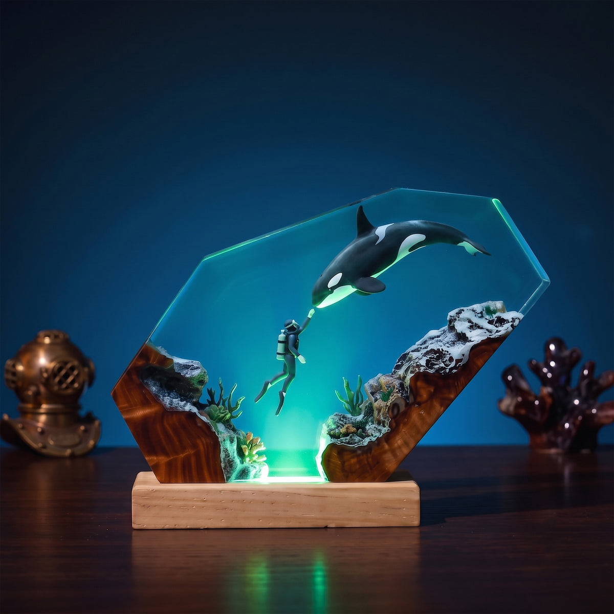 Orca & Scuba Diver Ocean Wood Resin Lamp