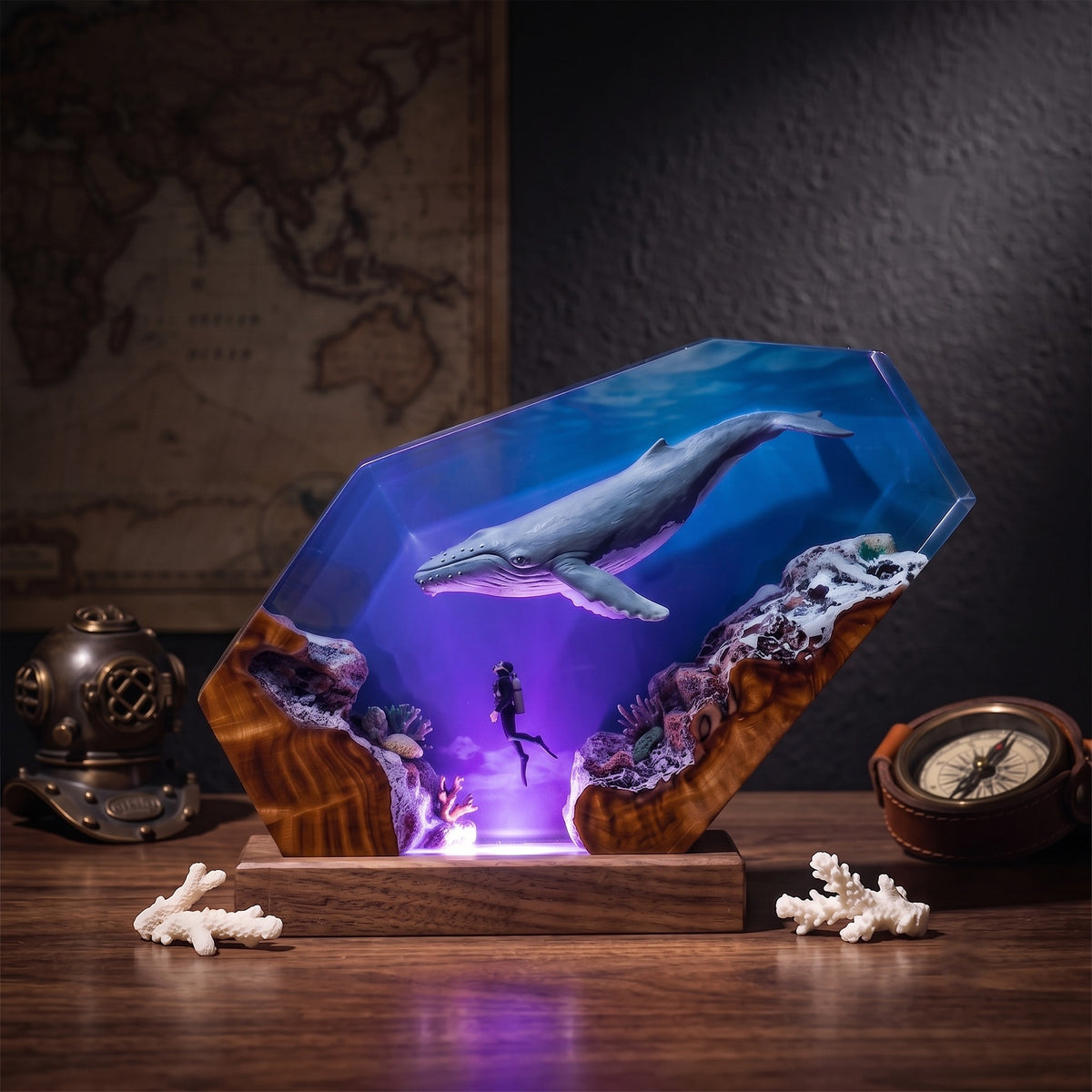 Humpback Whale & Scuba Diver Ocean Wood Resin Lamp