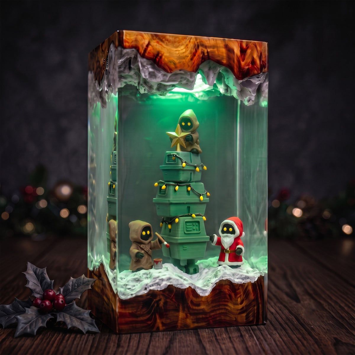 Galactic Holiday Droid Tree Resin Lamp – Tiny Hooded Helpers Decorating a Christmas Tree, Sci Fi Epoxy Diorama Night Light