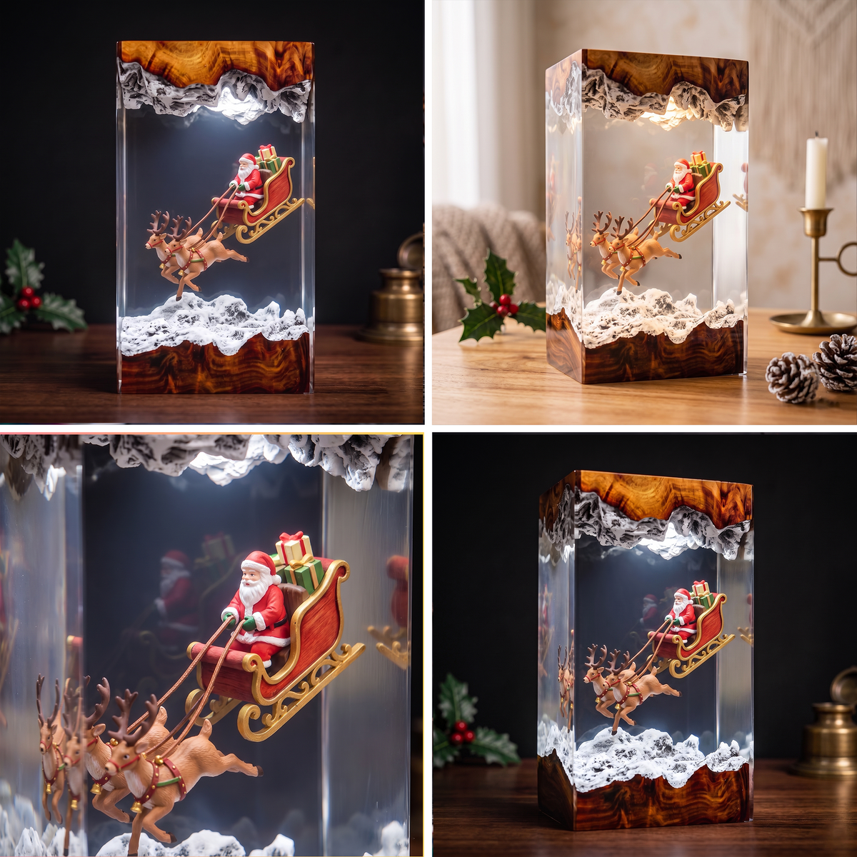 Santa Claus in a Flying Sleigh with Two Reindeer and Gifts Christmas Wood Resin Lamp