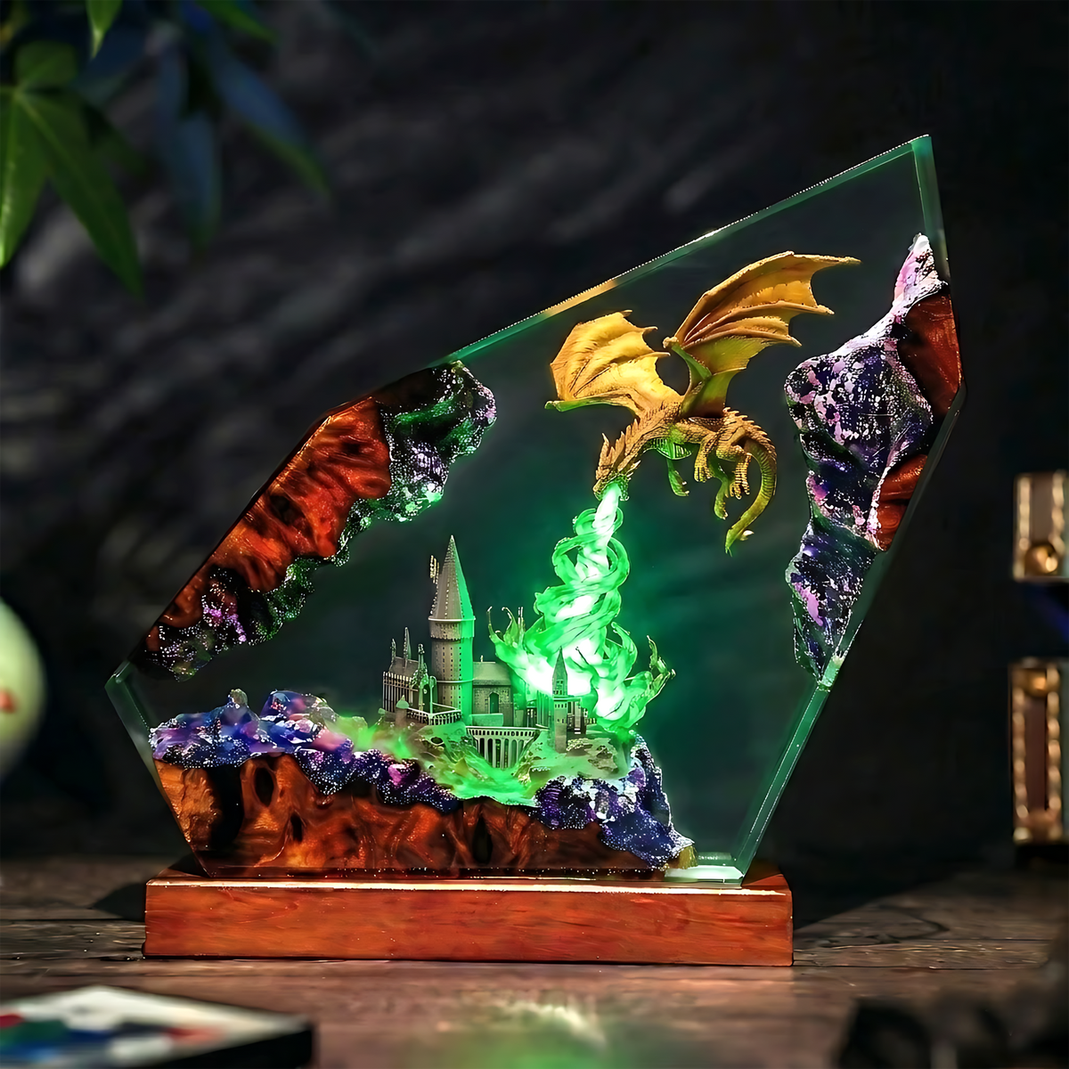 Fire-Breathing Dragon & Fantasy Castle Wood Resin Lamp