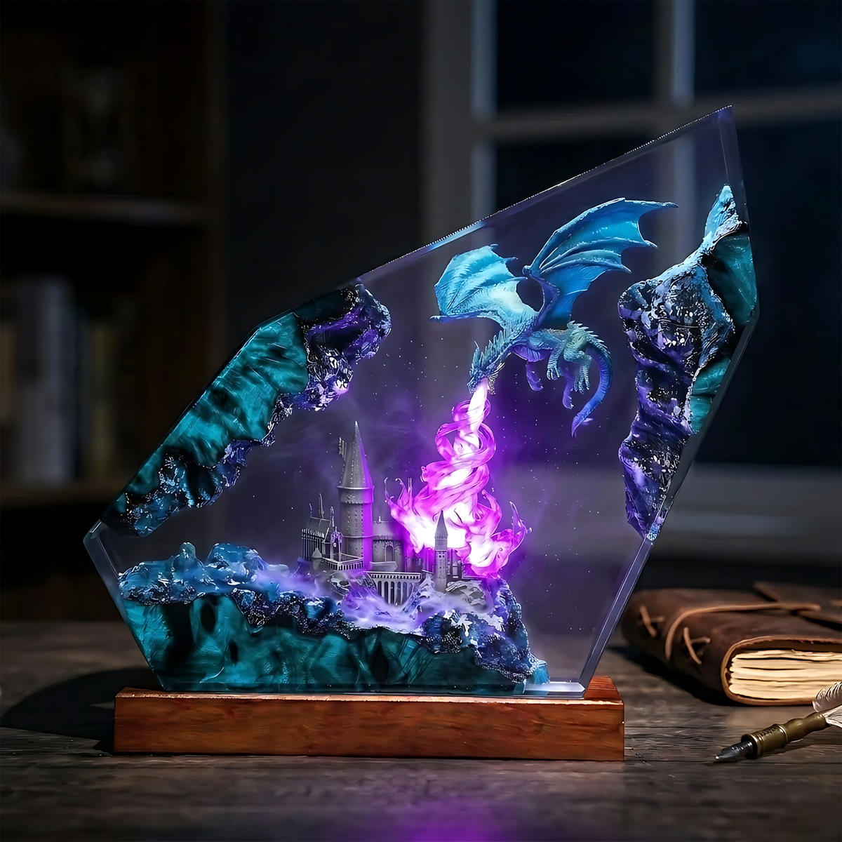 Blue Flame Dragon & Fantasy Castle Wood Resin Lamp