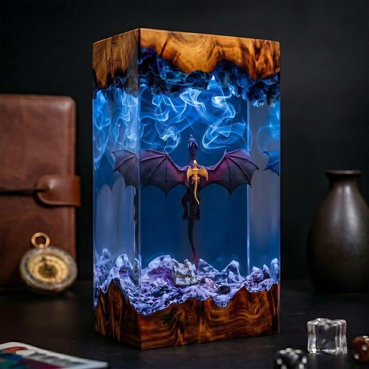 Flying Dragon & Baby Dragon Fantasy Wood Resin Lamp
