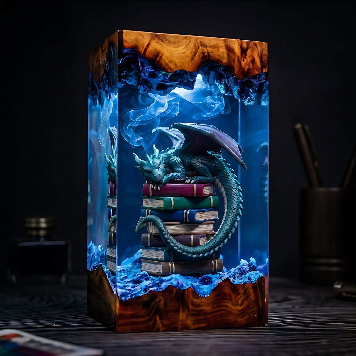 Sleeping Dragon on Stacked Books Wood Resin Lamp