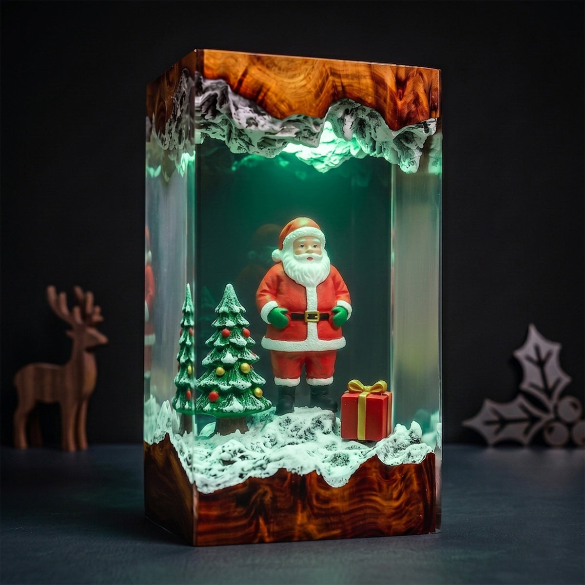 Santa Claus with Snowy Christmas Trees and Gift Box Wood Resin Lamp