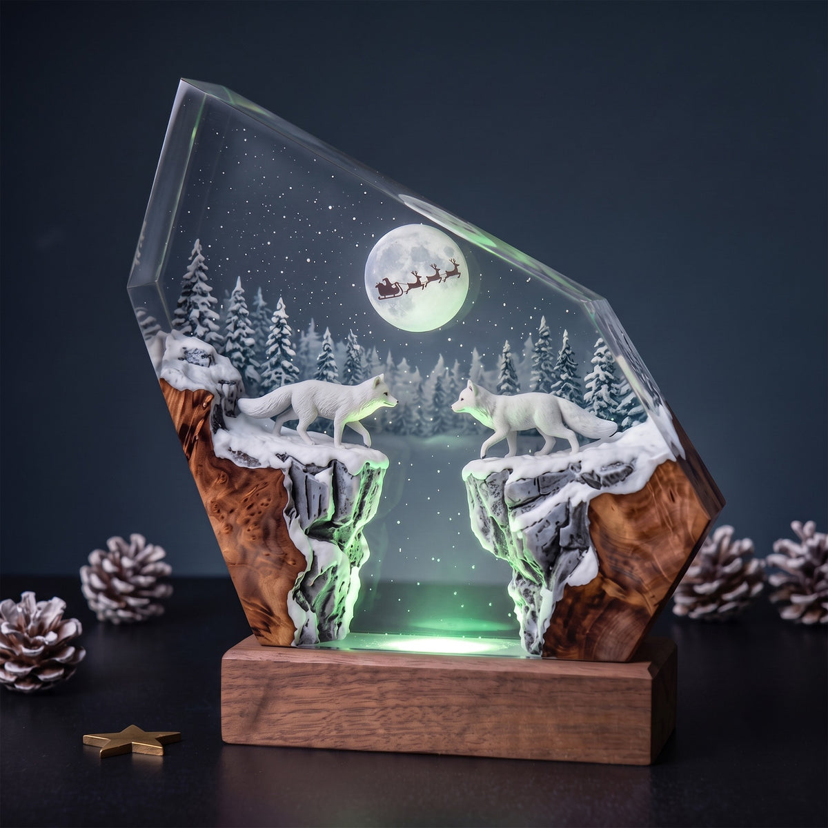 Arctic Foxes & Santa Sleigh Christmas Wood Resin Lamp