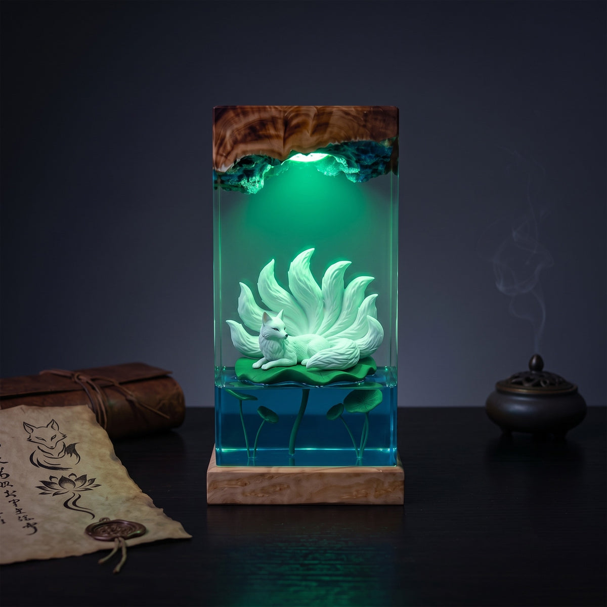 White Nine-Tailed Fox on Lotus Leaf Wood Resin Lamp