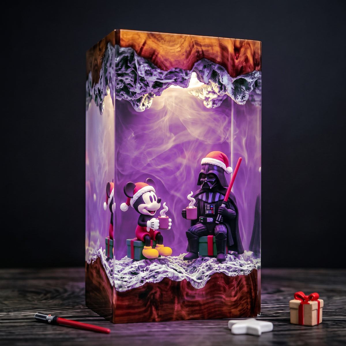 Christmas Dark Lord & Classic Mouse Resin Lamp – Holiday Cocoa Scene, Festive Movie Inspired Epoxy Diorama Night Light