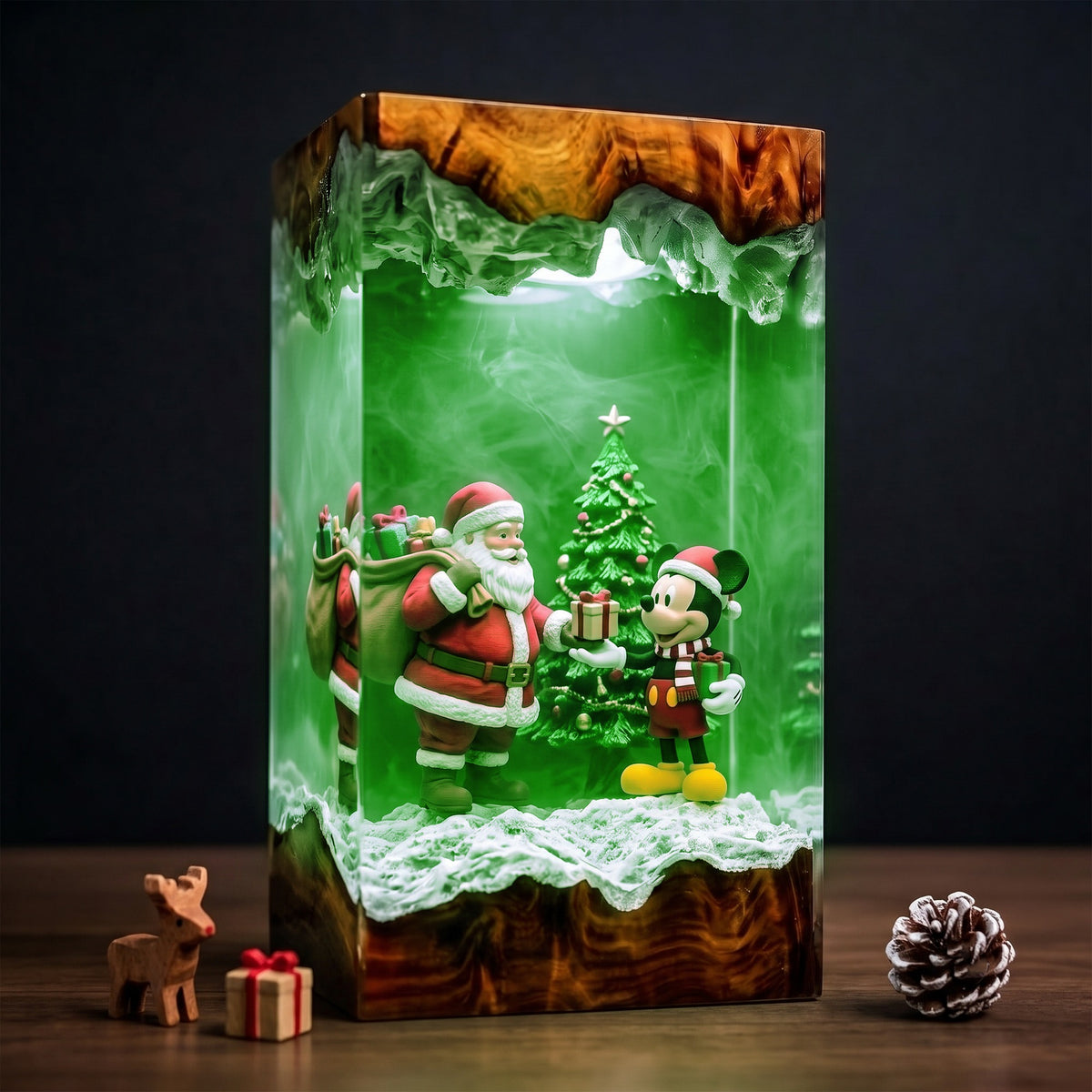 Santa Claus Giving Mickey Mouse a Present beside a Christmas Tree Wood Resin Lamp