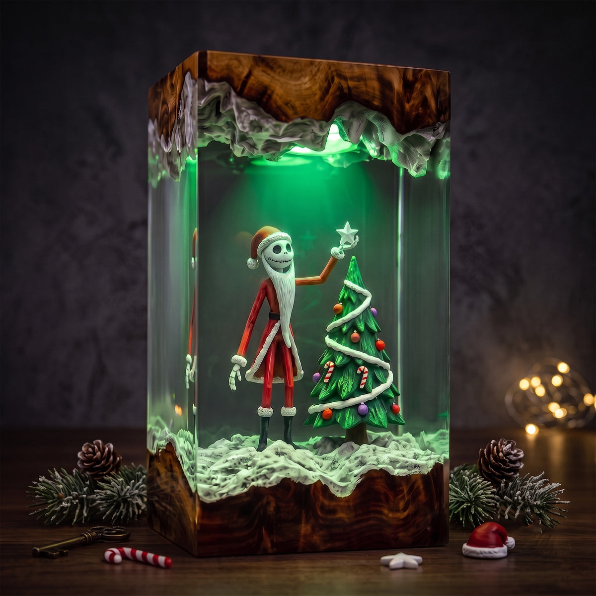 Christmas Skeleton Resin Lamp – Skeleton Santa Decorating Christmas Tree, Festive Epoxy Diorama Night Light, Holiday Decor