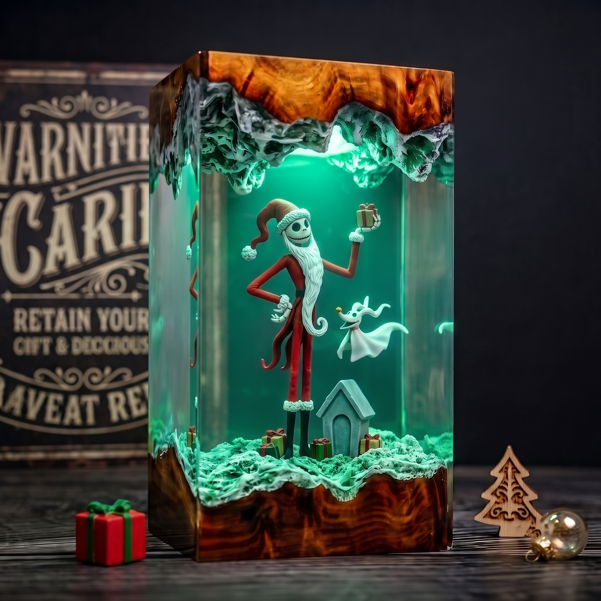Jack Skellington in Santa Outfit with Zero Ghost Dog and Christmas Gifts Wood Resin Lamp