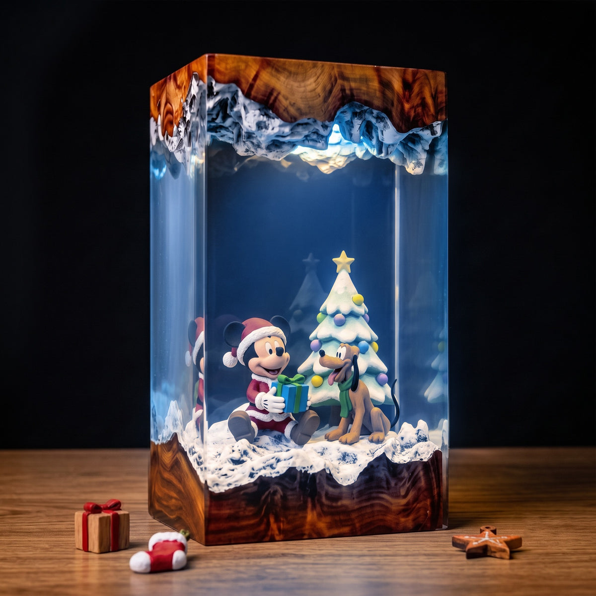 Mickey Mouse in Santa Outfit & Pluto with Gift Box and Snowy Christmas Tree Wood Resin Lamp
