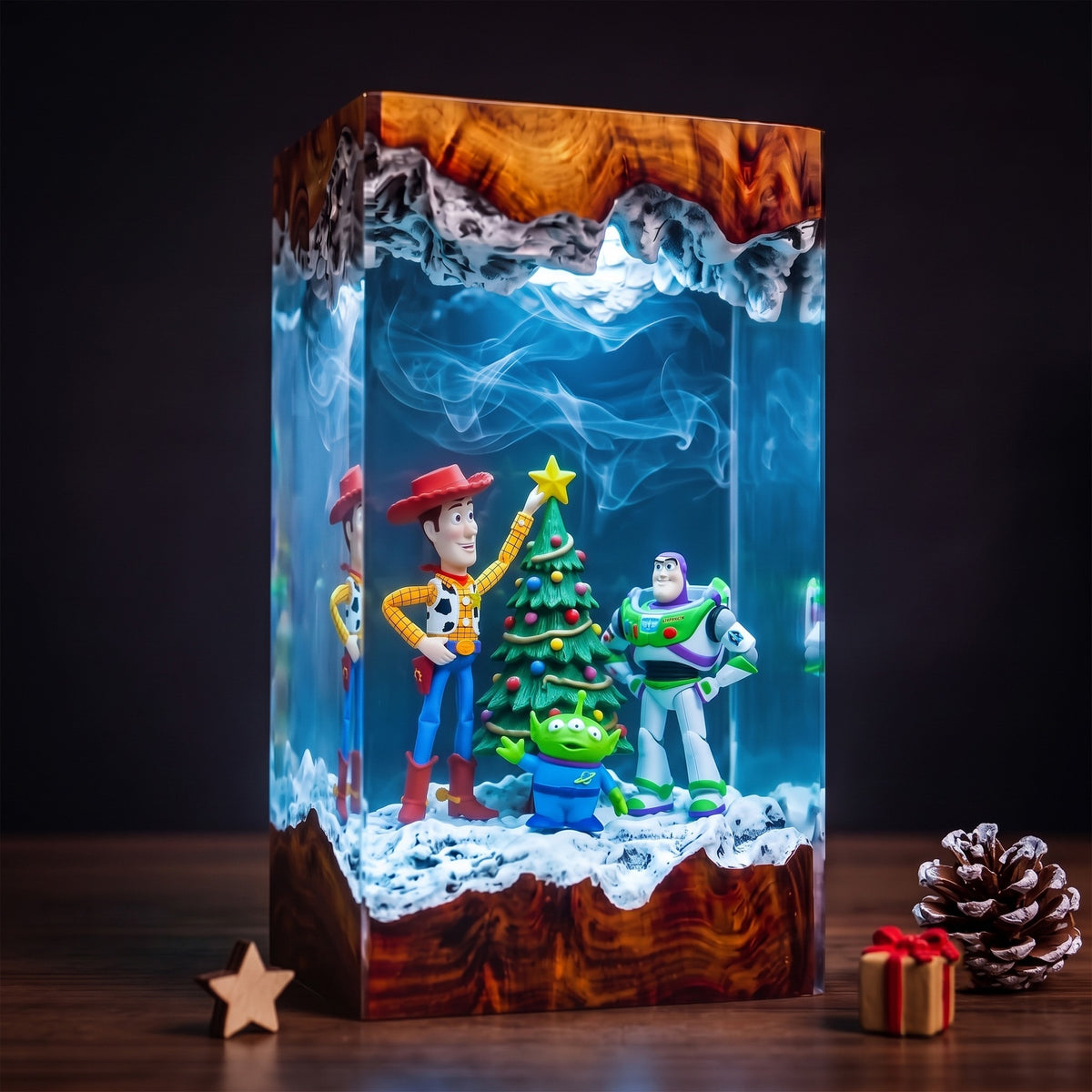 Woody, Buzz Lightyear & Little Green Alien with Decorated Christmas Tree Wood Resin Lamp