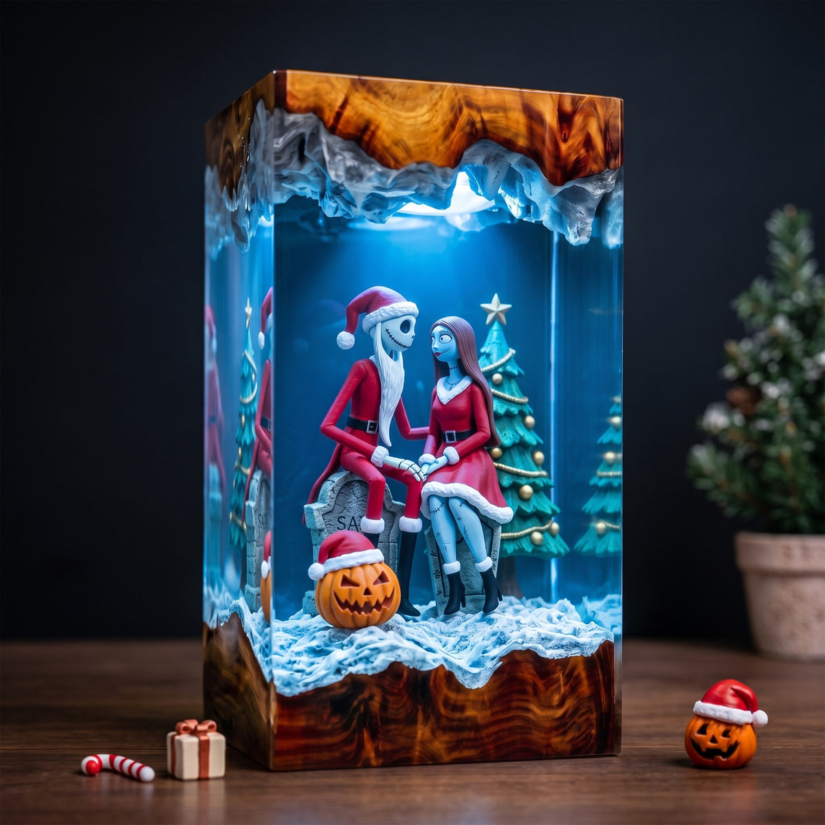 Jack Skellington & Sally in Santa Outfits with Christmas Tree and Pumpkin Wood Resin Lamp