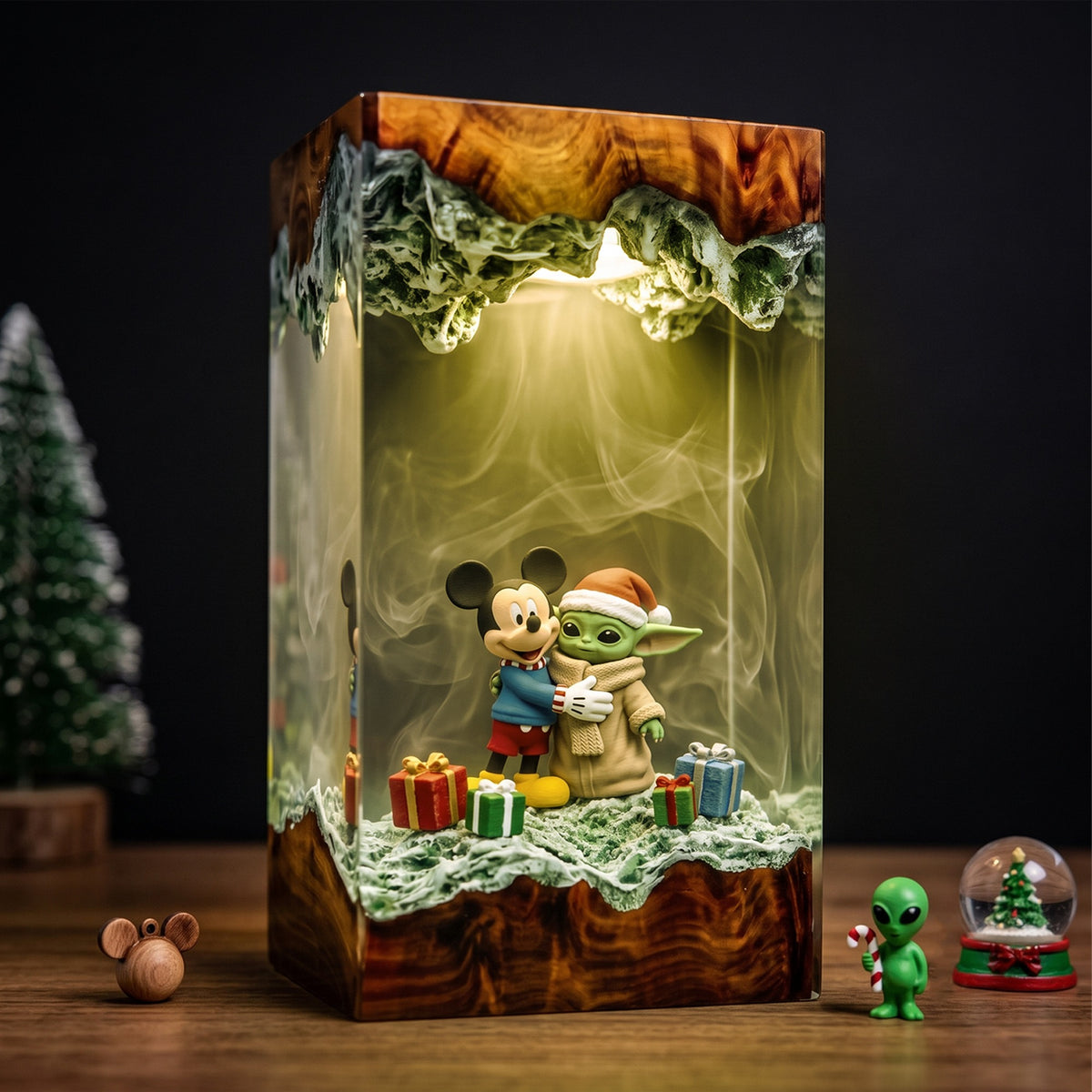 Mickey Mouse Hugging Grogu in a Santa Hat with Christmas Gifts Wood Resin Lamp