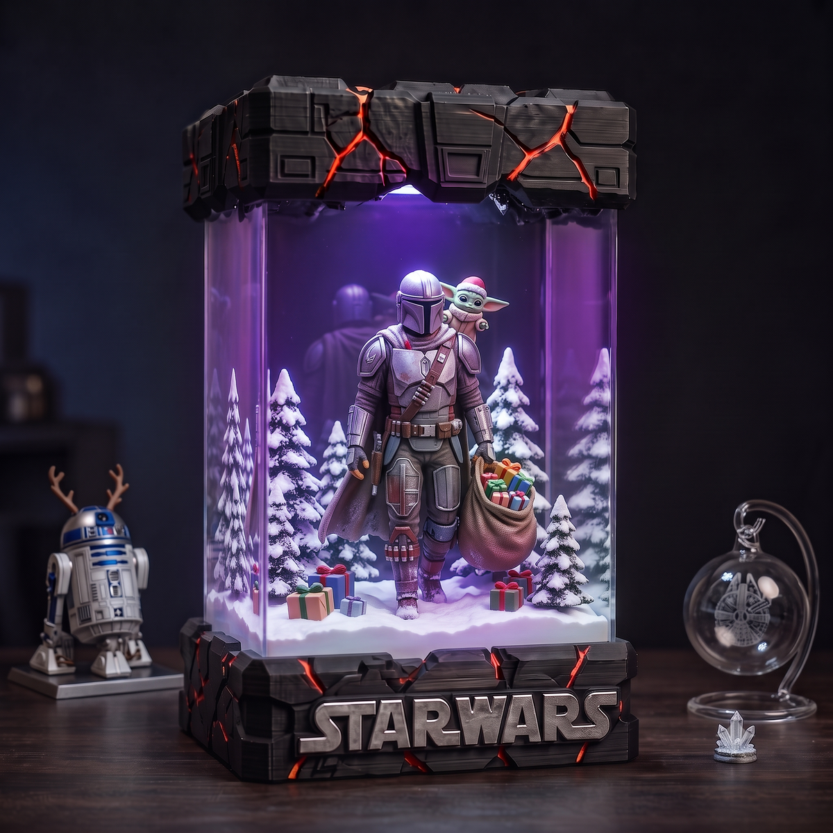 Mandalorian Carrying Christmas Gifts with Santa Hat Grogu in a Snowy Forest Resin Lamp