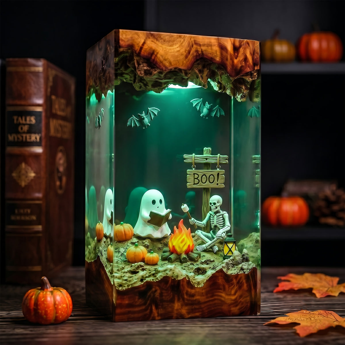 Ghost & Skeleton Campfire Resin Lamp – Reading Ghost Halloween Diorama, Pumpkin & Bat Spooky Night Light