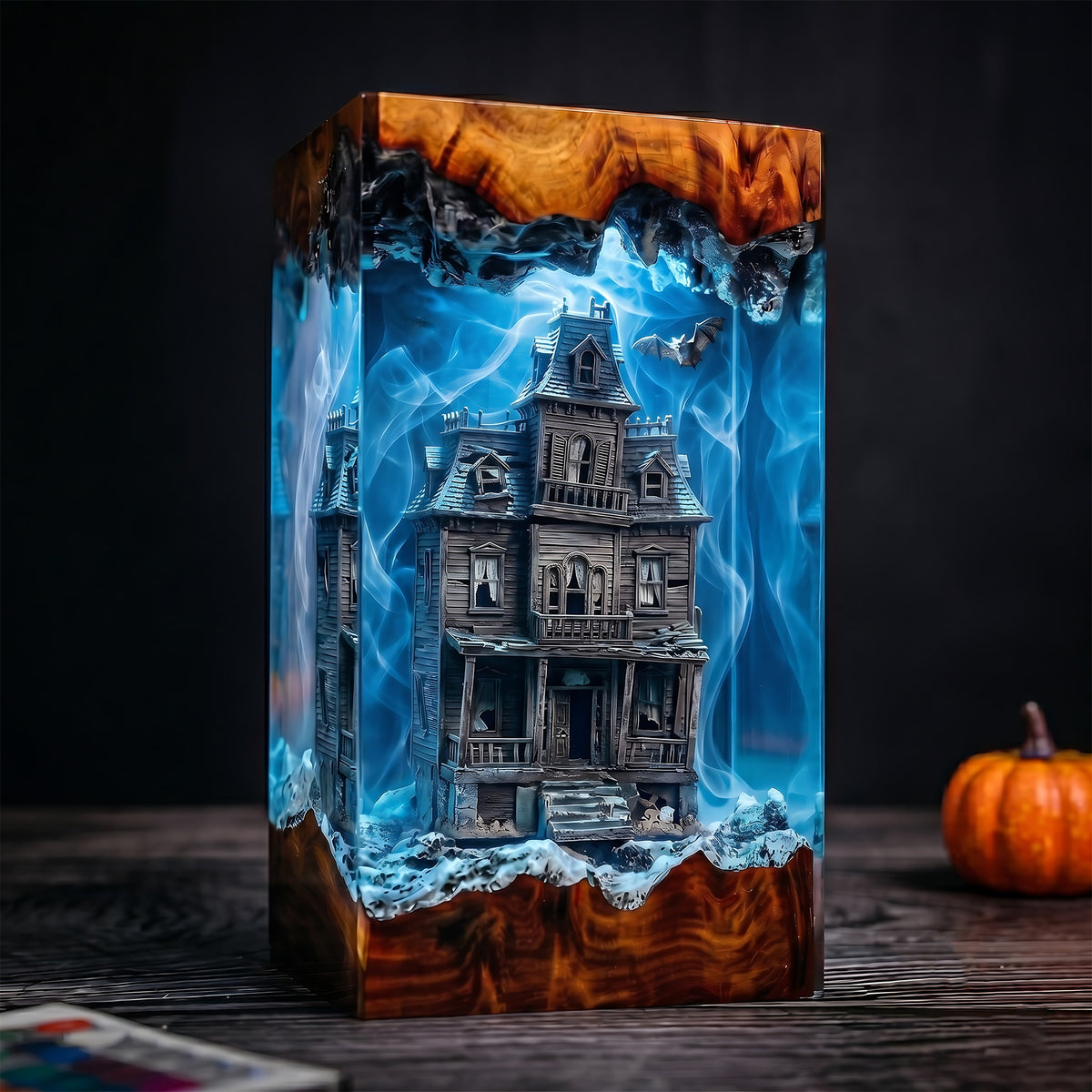 Haunted Victorian House Resin Lamp – Spooky Mansion with Bats & Ghostly Mist, Halloween Epoxy Diorama Night Light